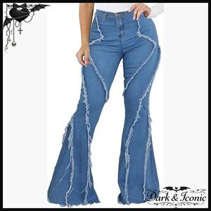 High Waist Bell Bottom Flared Jeans, Stretchy Polyester Cotton Blend